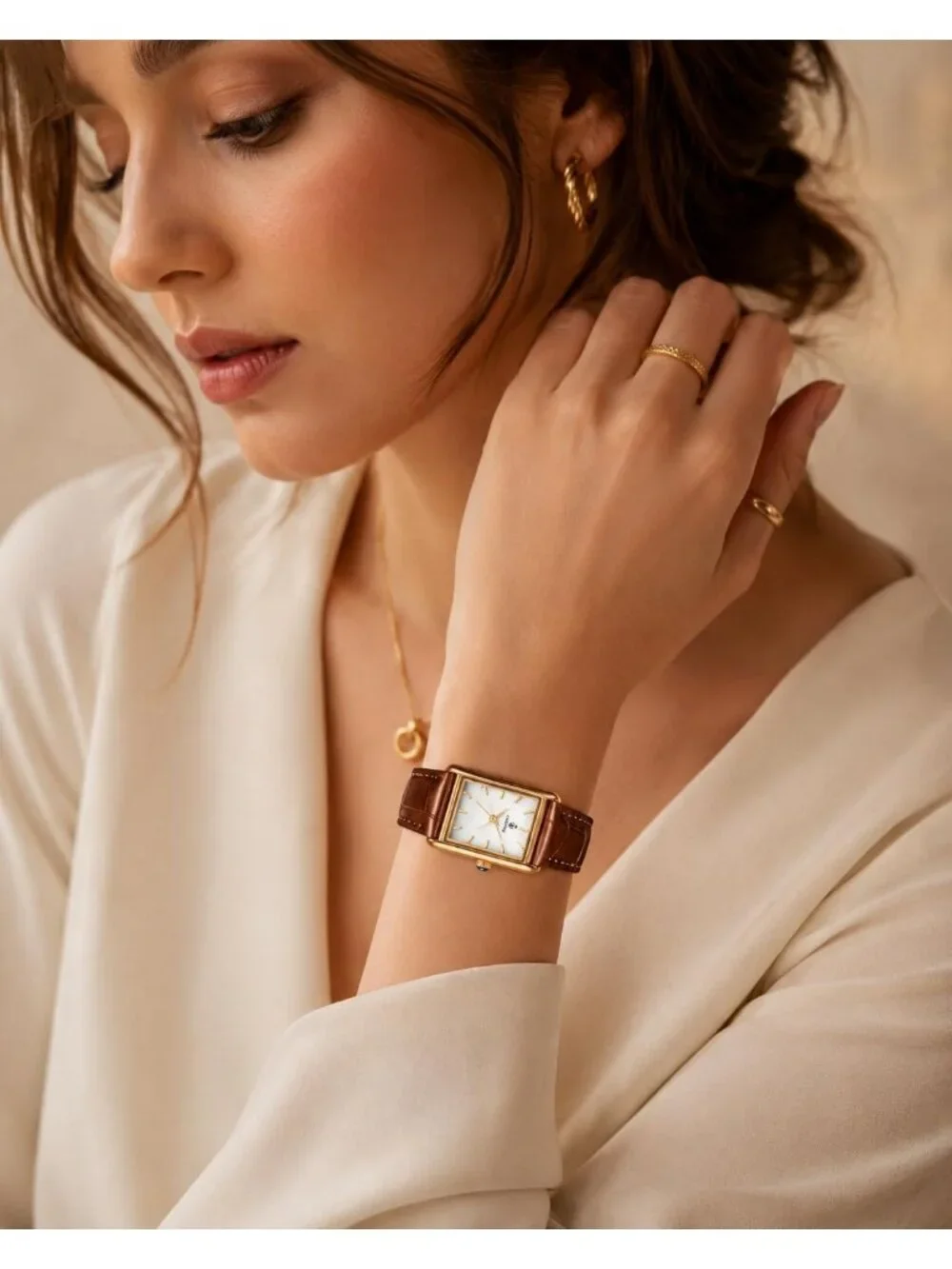 Women's Gold Case Brown Rectangle Vintage Leather Strap  Quartz Movement Watch